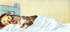 Tekening van een kind dat wakker in bed ligt, terwijl de kat lekker slaapt.